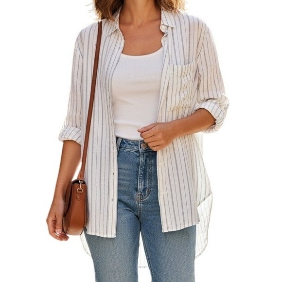 Banana Republic Linen Stripe Button Up Shirt XS Coastal Grandmother Minimalist - Picture 2 of 9